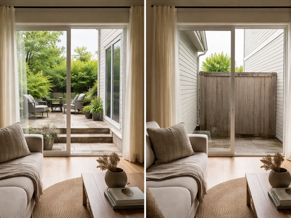 Two-panel photo-style scene showing patio-facing doors vs a view blocked by nearby walls or buildings.
