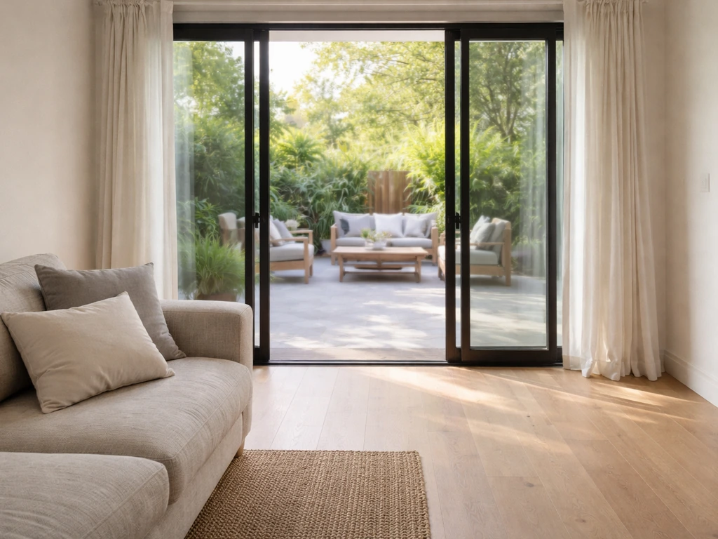 Bright living room with sliding doors opening to an outdoor patio view in the background.
