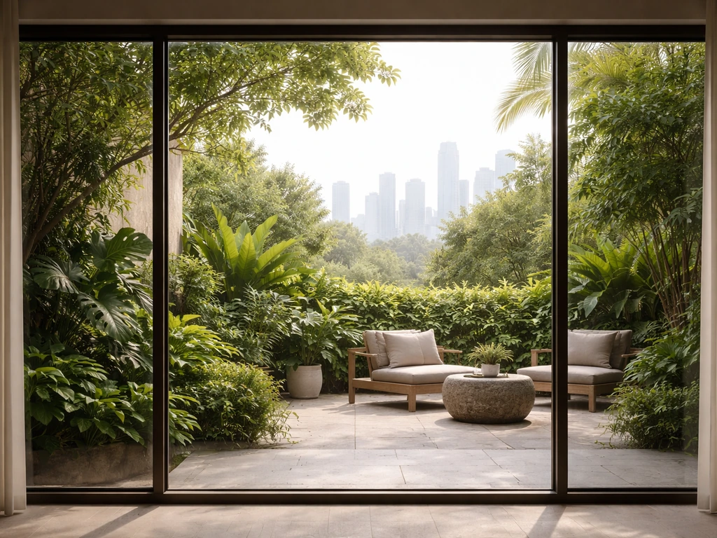 Window view from a hotel room showing a quiet inner garden patio with distant city skyline blur.