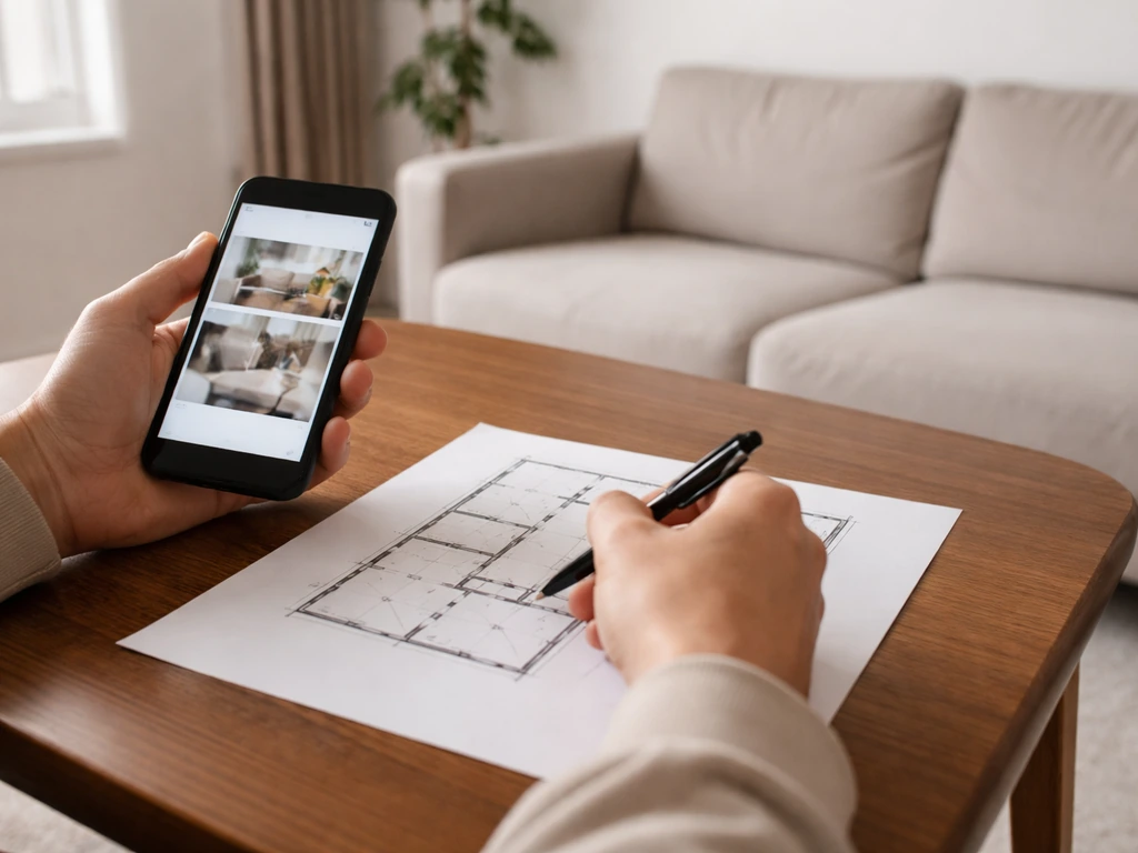 Person reviewing a rental/hotel listing on a phone, highlighting privacy, obstacles, and sightlines.
