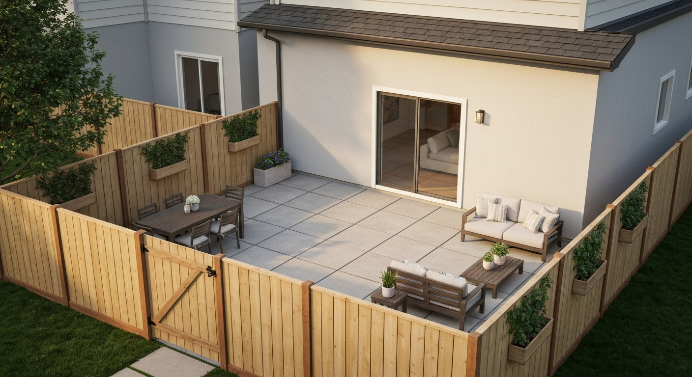 Photorealistic view of a rectangular fenced patio adjoining a house: paved surface with dining and lounge zones, timber privacy fence, gate and planters, late-afternoon light.
