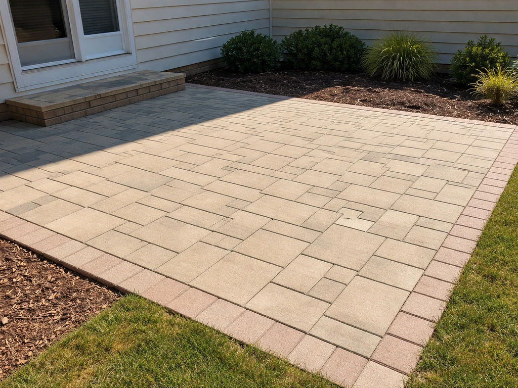 Sunlit brick patio beside a house, hinting at real-world area and perimeter problems.
