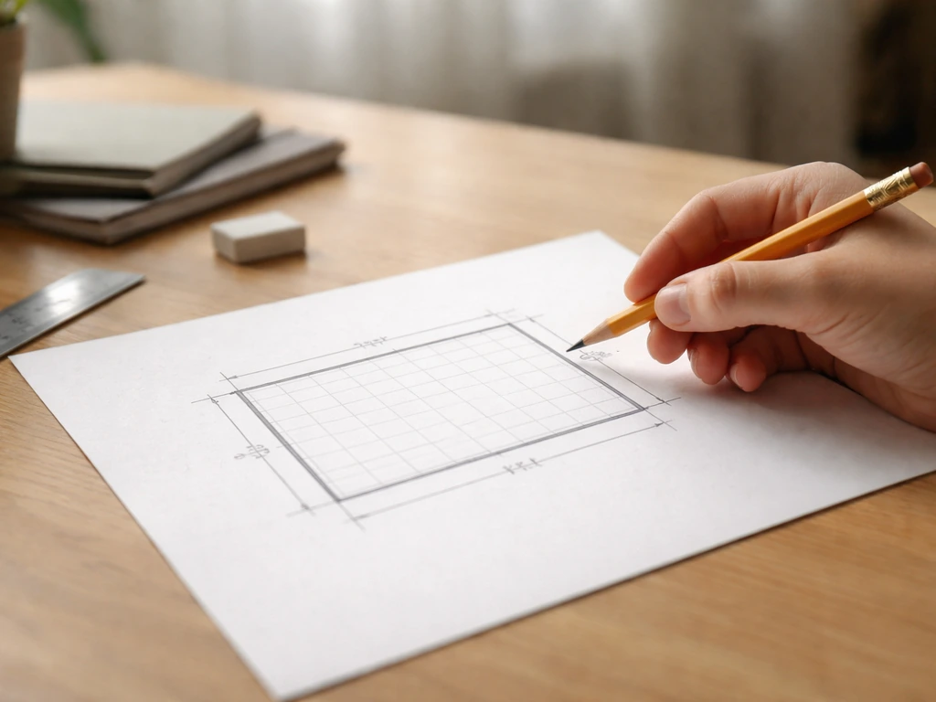 Anonymous hand with a pencil points to a simple rectangular floor-plan diagram on a worksheet.
