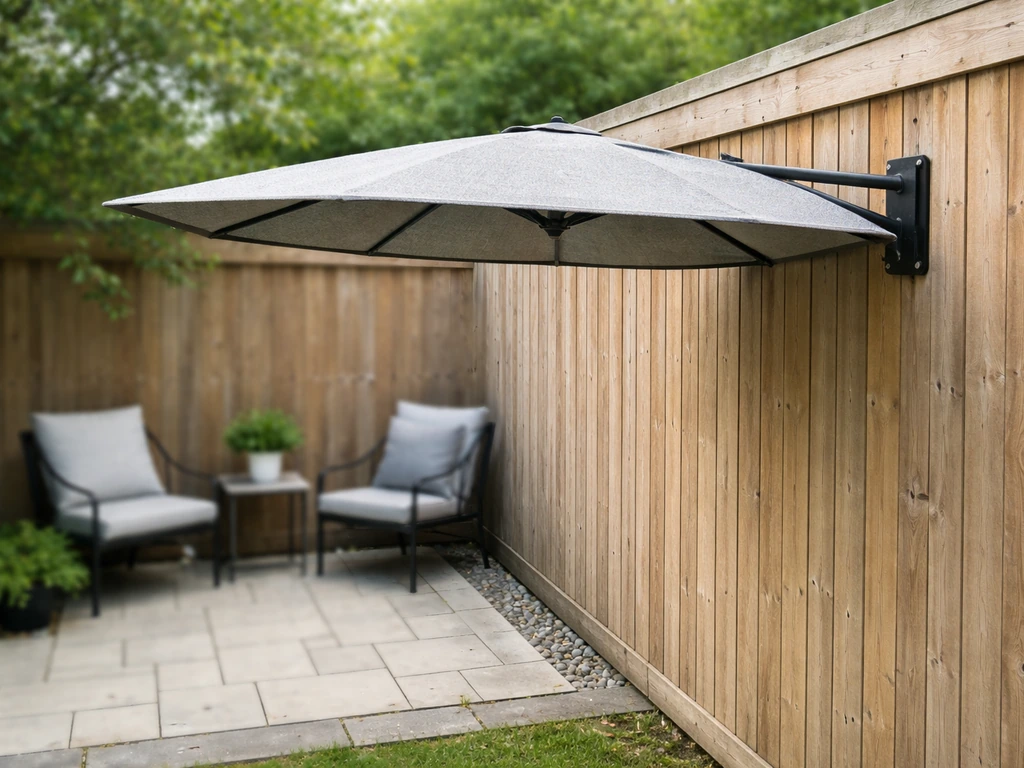 Half patio umbrella mounted by a fence, D-shaped canopy extending outward for partial shade