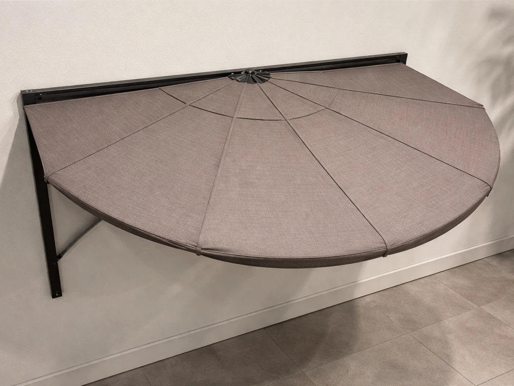 Close-up of a half patio umbrella canopy showing its flat-backed side and curved coverage area.