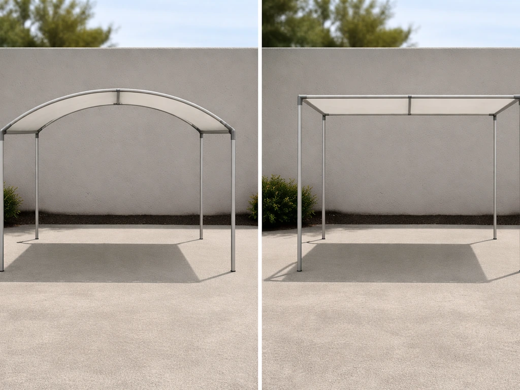 Two side-by-side canopy frames showing D-shape semicircular and half-square designs.