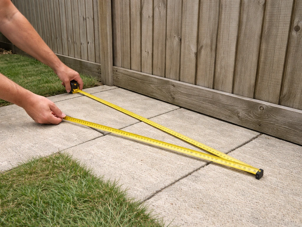 Hands measuring a fence span and seating depth with a tape measure before buying an umbrella.