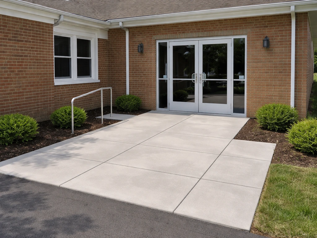 Church exterior with paved overflow patio beside entrance doors in soft daylight
