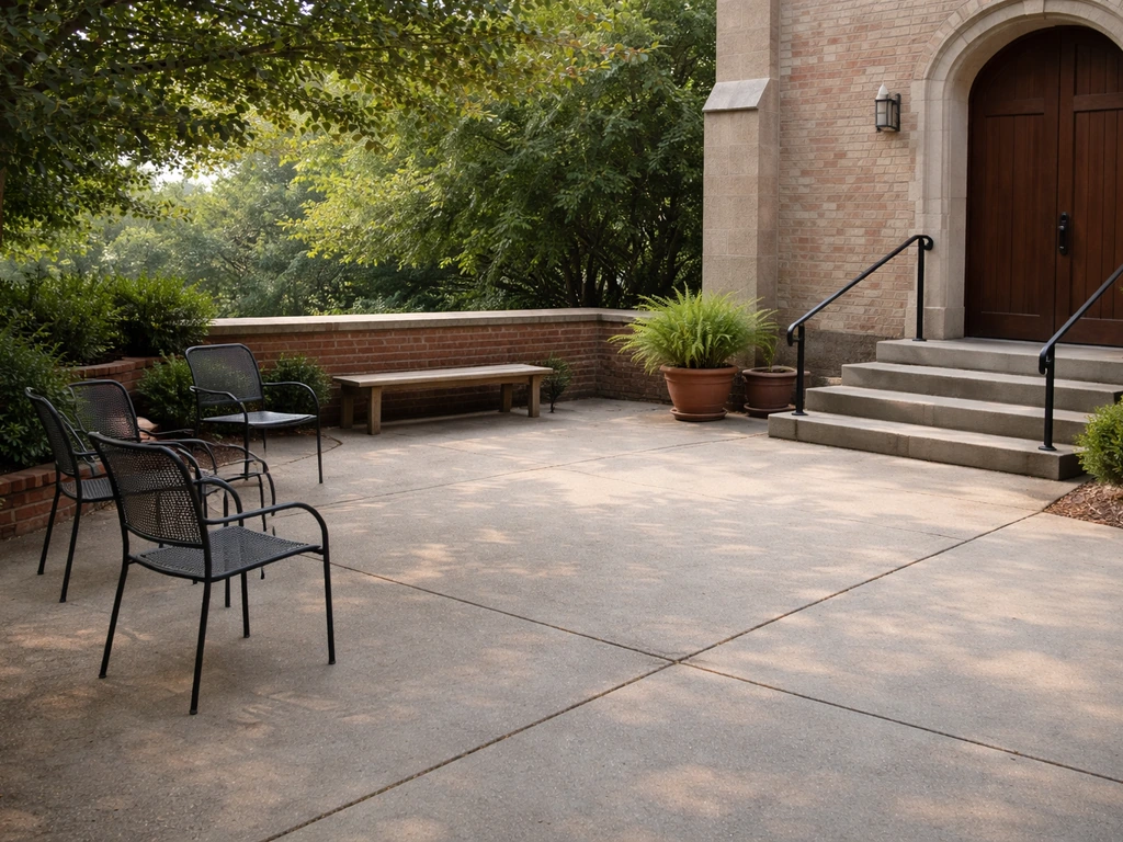 Outdoor paved church patio beside an entrance with a few chairs for post-service gathering