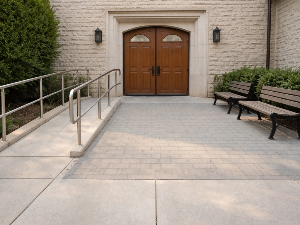 Paved church patio entry pad with benches and accessible ramp handrails near the main entrance.