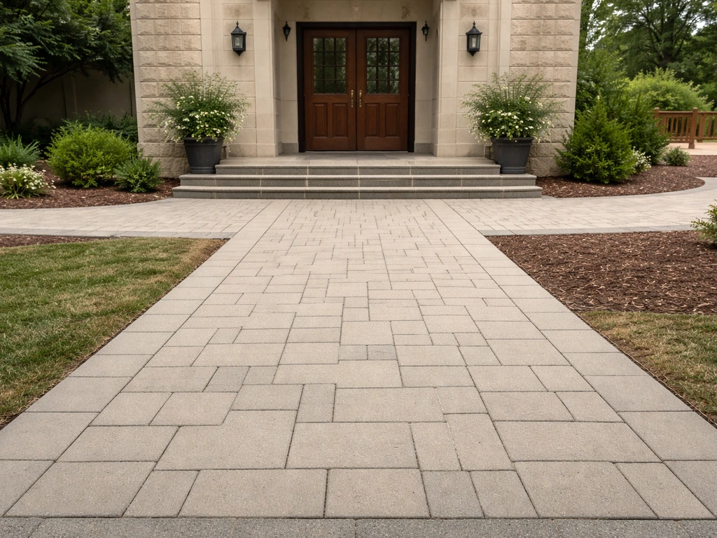 Ground-level view of a church patio paving directly beside entrance doors, distinct from nearby porch/deck area.