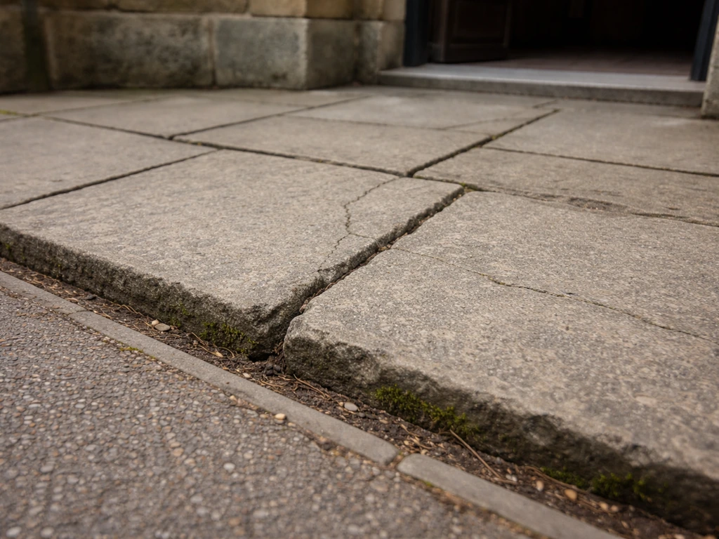 Close-up of cracked, slightly uneven patio paving near a church entrance with drainage cue lines.