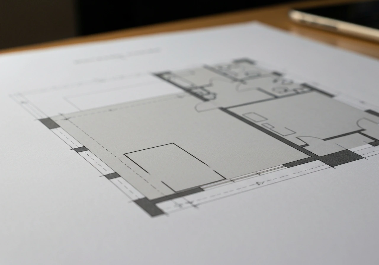 Close-up of a residential floor plan excerpt with a patio outlined outside the main building footprint.