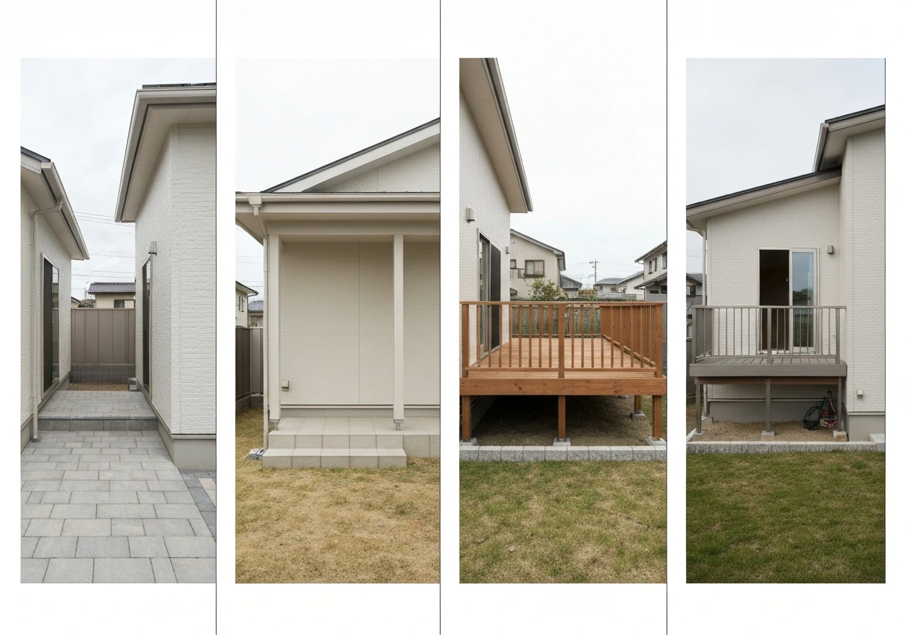Minimal comparison image showing different home outdoor spaces: patio at ground, balcony above, deck and porch with cove