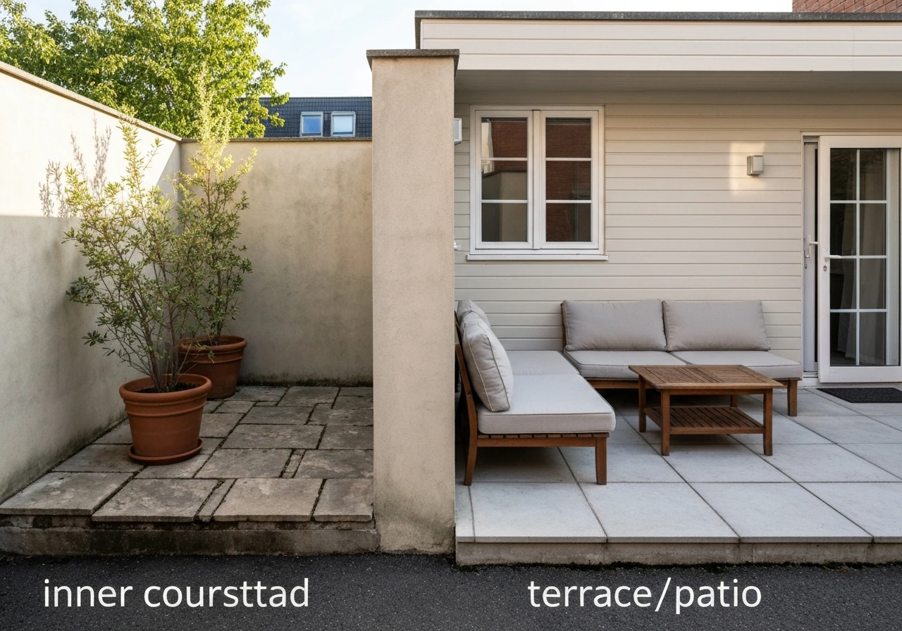 Two adjacent outdoor spaces: a small enclosed courtyard and an open terrace/patio with minimal decor.