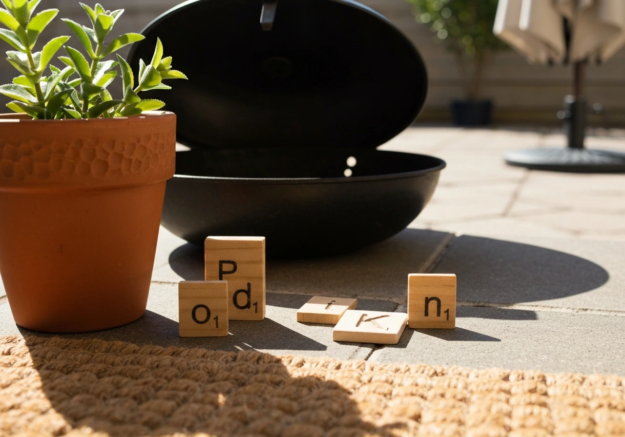 Close-up patio still life with potted plant, grill, doormat, and subtle letter tiles for rhyme cue.
