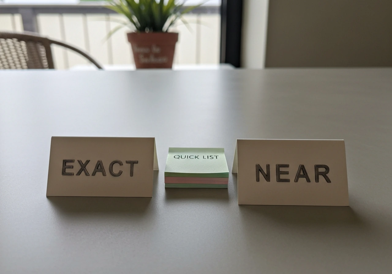 Two blank index cards side-by-side on a light tabletop, with “EXACT” and “NEAR” embossing and a soft patio backdrop.