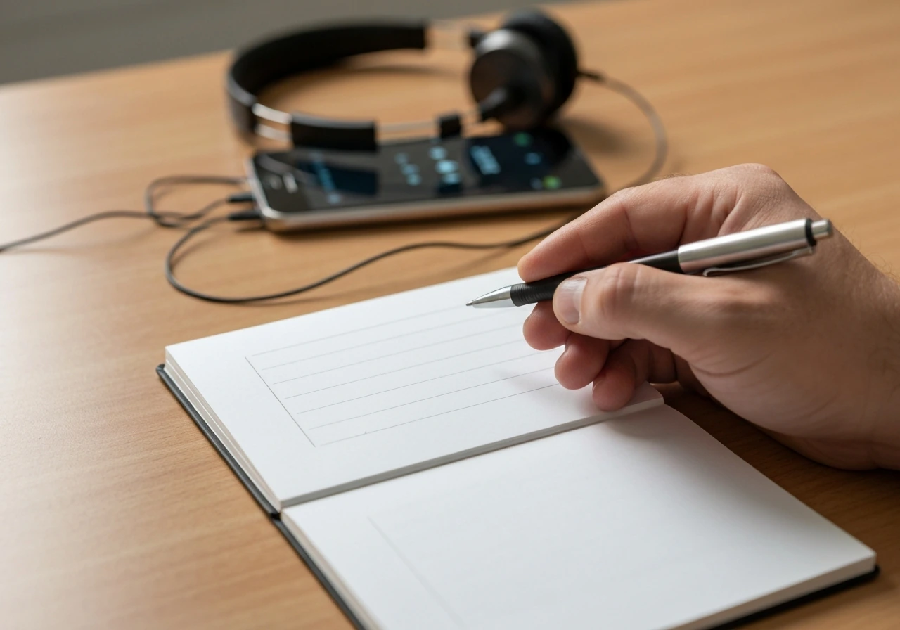 Hand writing on a blank notepad beside headphones and a phone, suggesting pronunciation and stress.