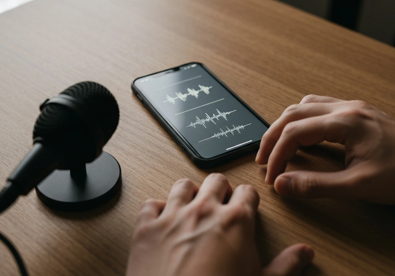 Close-up of a person’s hands tapping a desk next to a small microphone, with simple audio wave lines on a screen