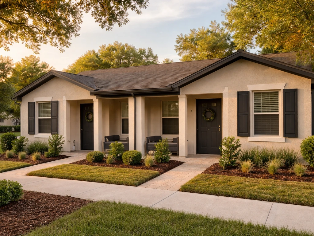 Exterior of a small patio home community with shared walls and low-maintenance landscaping.