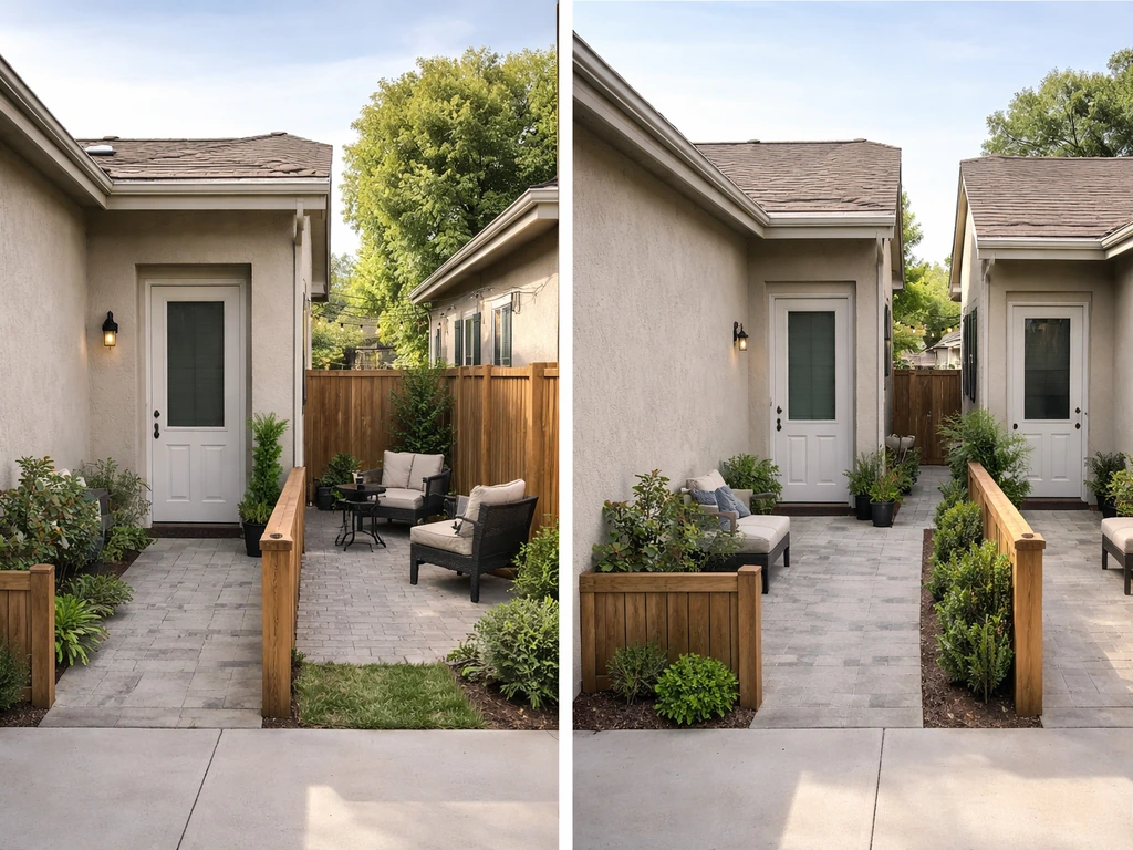 Two adjacent patio-home exteriors showing a shared wall and separate vs shared front patio areas.