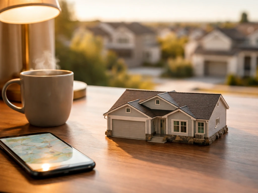 Patio home model on a desk with a blurred smartphone map glow, sunny suburban backdrop suggesting demand.