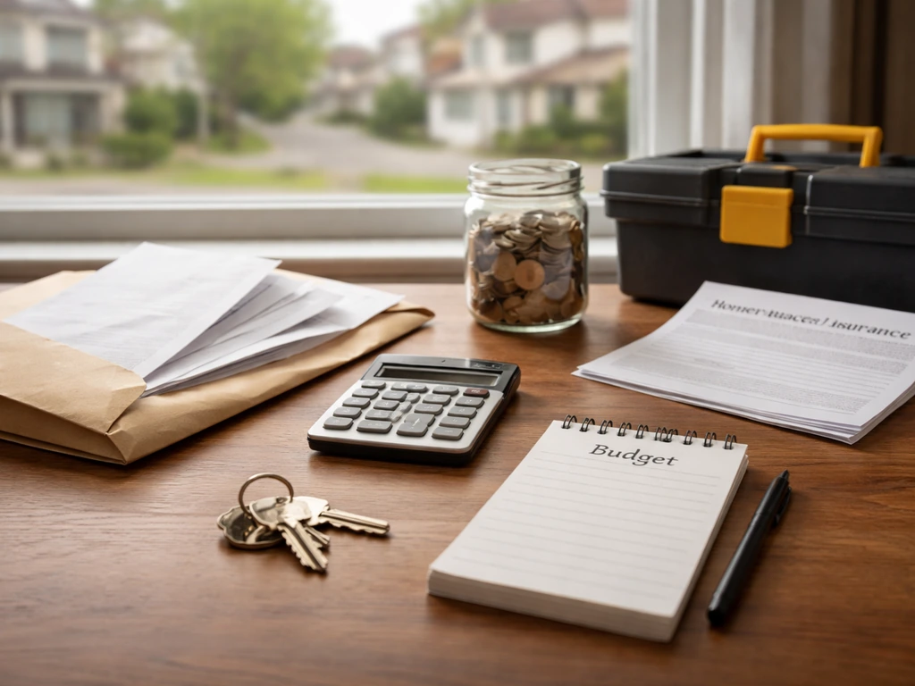 Minimal desk scene with blank household papers, calculator, coins jar, and keys suggesting ongoing home costs.