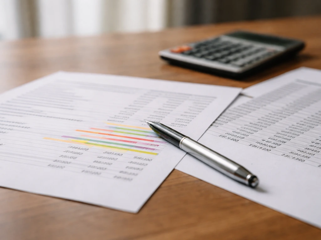 Close-up of HOA reserve study pages on a desk with a pen and highlighter near a budget section
