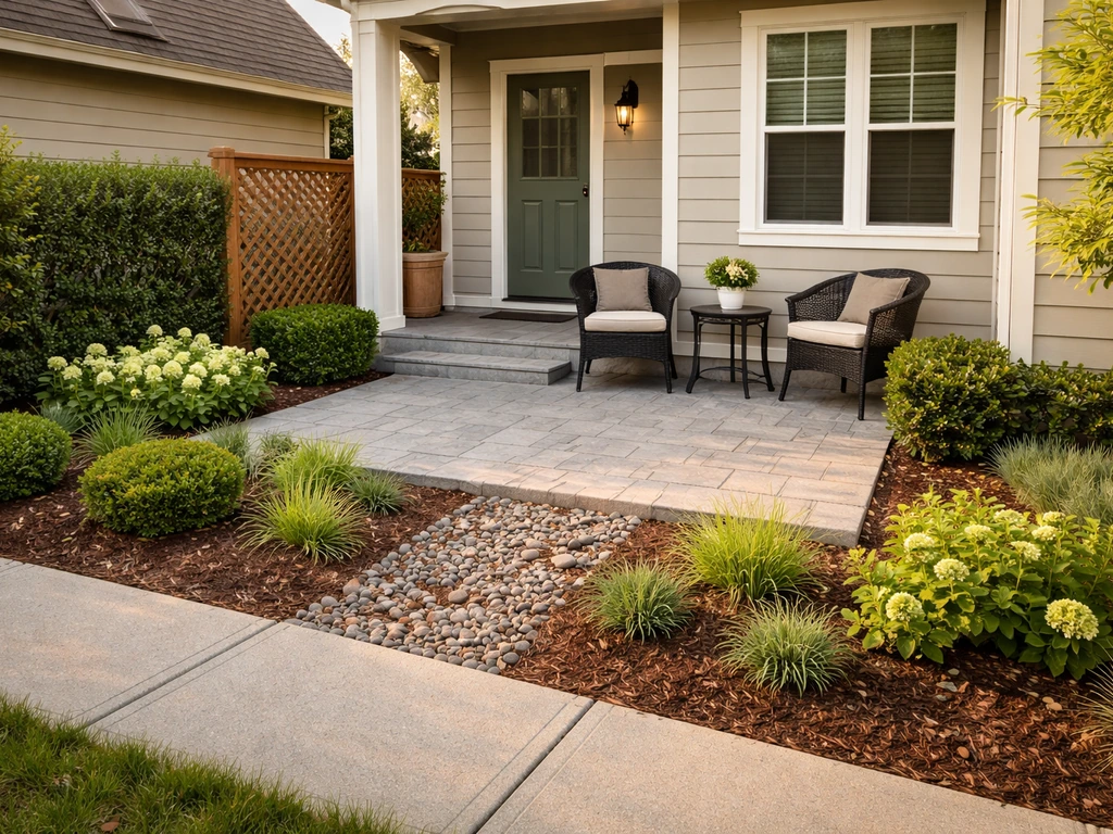 Small front-yard patio beside the front door, clearly within the setback and not in the street right-of-way.