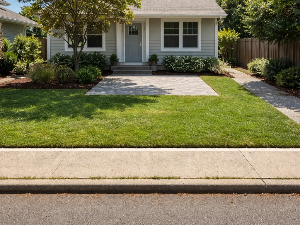 Minimal photo-illustration of a house front yard with a setback line and space for a patio near an entry path.