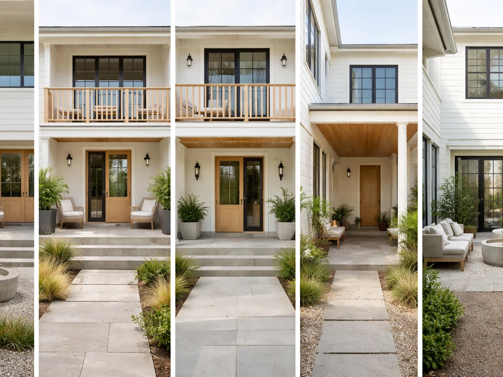 Split view of a home showing front patio, porch, balcony, verandah, and courtyard areas in simple daylight.