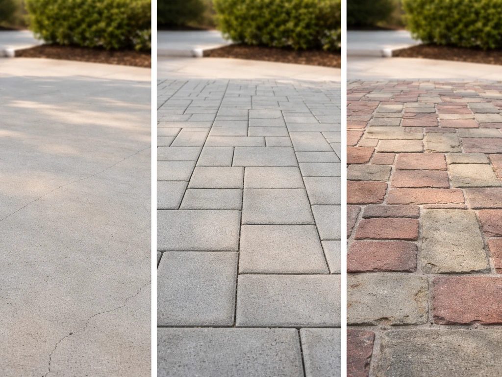 Three front patio surfaces side-by-side: concrete slab, pavers, and brick/stone with visible joints.