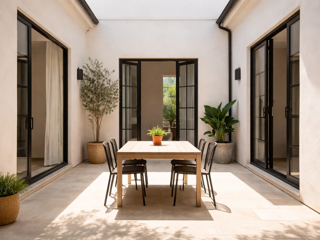 Bright interior courtyard patio attached to a house, enclosed by walls with outdoor seating area