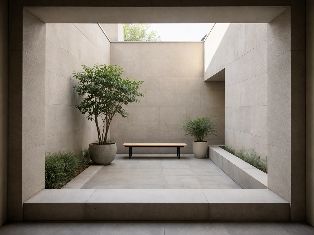 Courtyard-style interior patio enclosed by building walls with warm natural light and simple seating