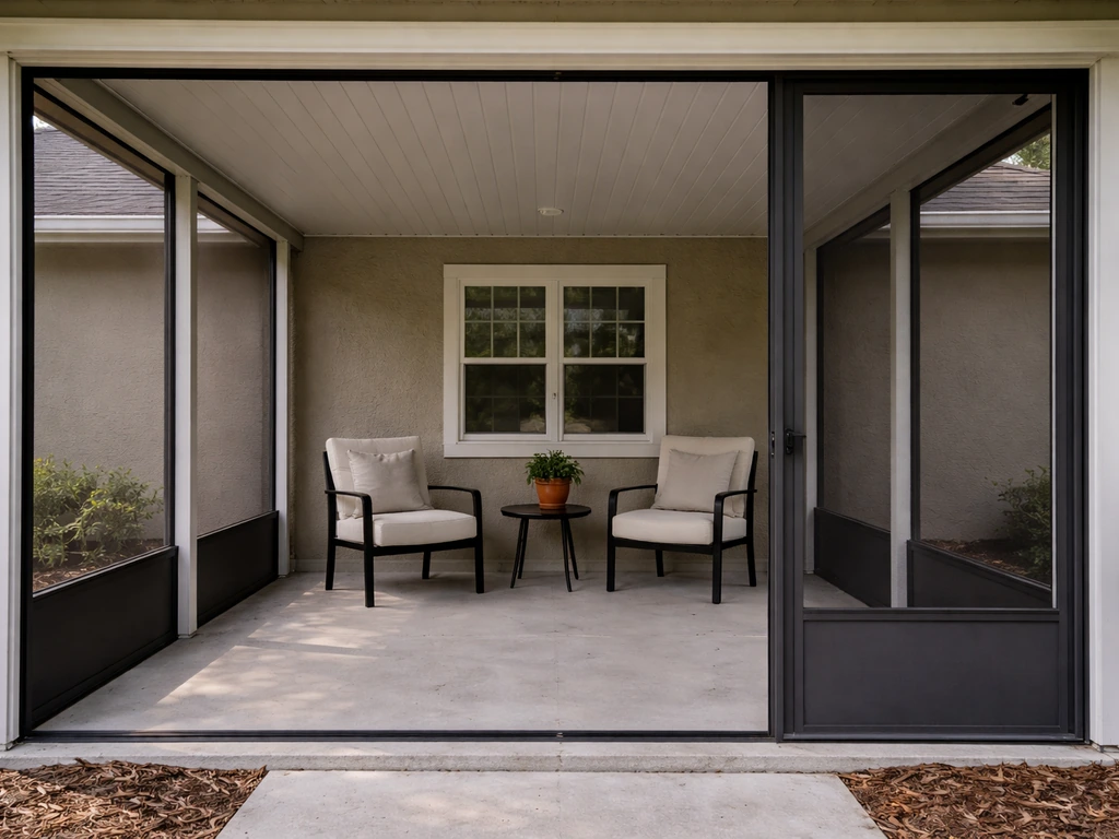 Covered enclosed patio with side screen walls and outdoor chairs under natural daylight.