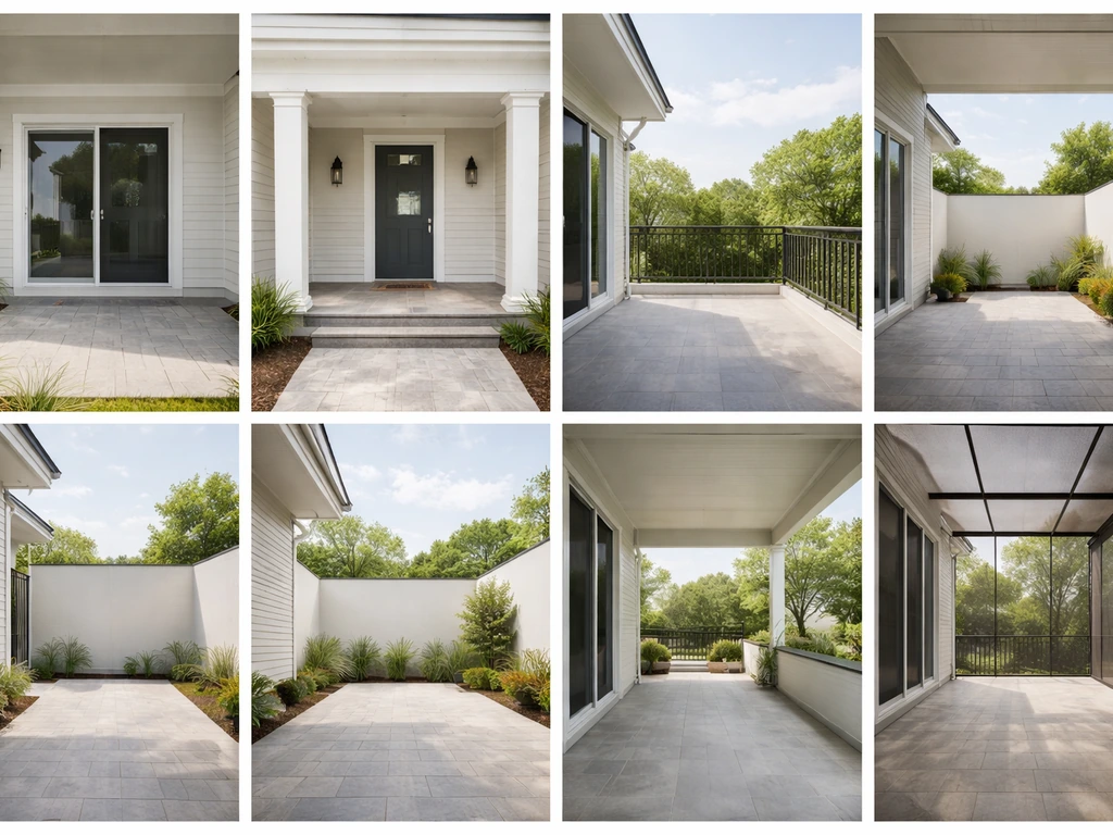 Six minimal outdoor home vignettes showing patio, porch, balcony, courtyard, terrace, and lanai clearly.