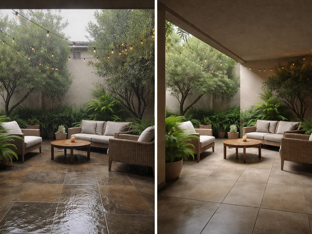Split courtyard: open-sky rain on the left, roofed enclosed patio shelter on the right.