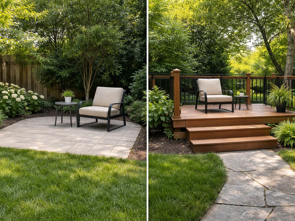 Ground-level patio pavers beside an elevated deck with steps, showing the height difference clearly.