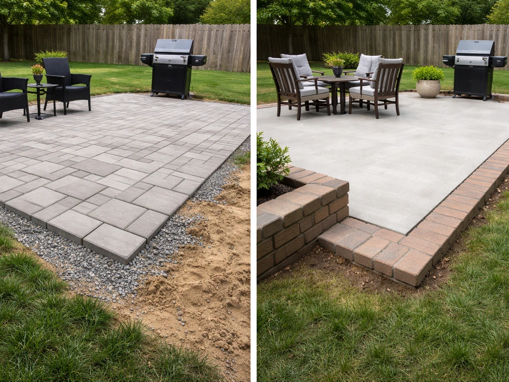 Two adjacent backyard patio areas: temporary pavers on sand vs a permanent poured-concrete patio with masonry edge.