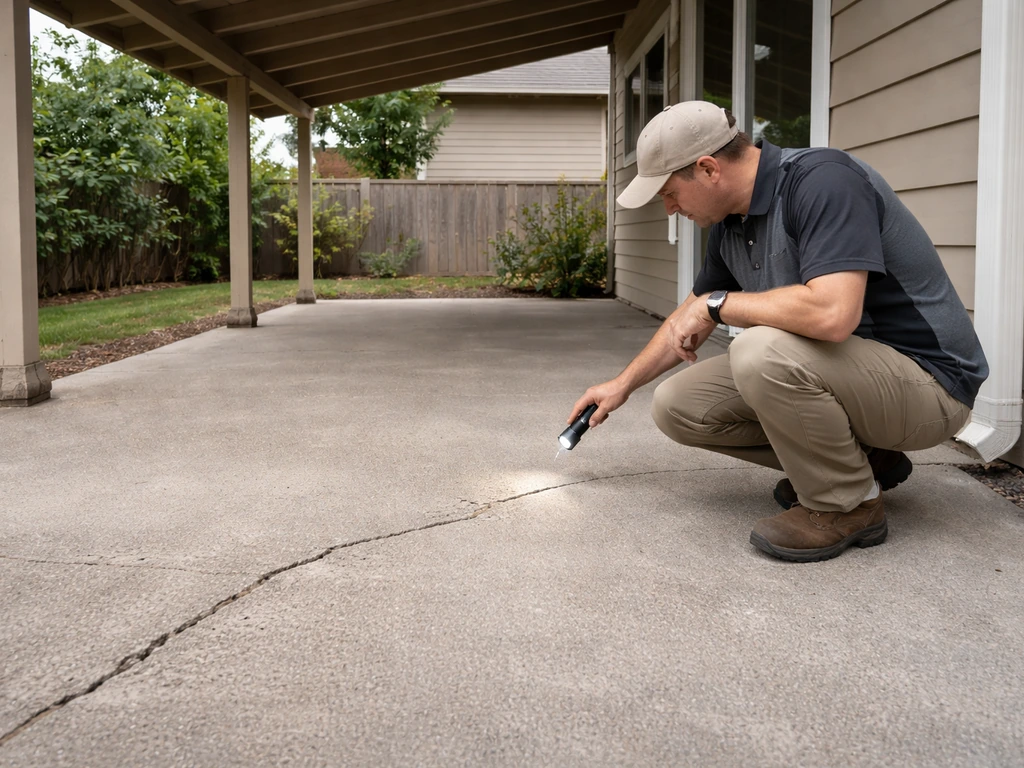 Home inspection of a patio showing drainage slope, slab cracks, and attached posts from a low angle