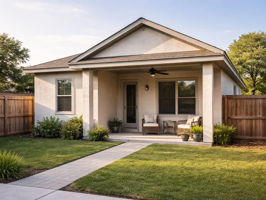 Texas patio home exterior with a private fenced yard and covered patio on a single-family lot.