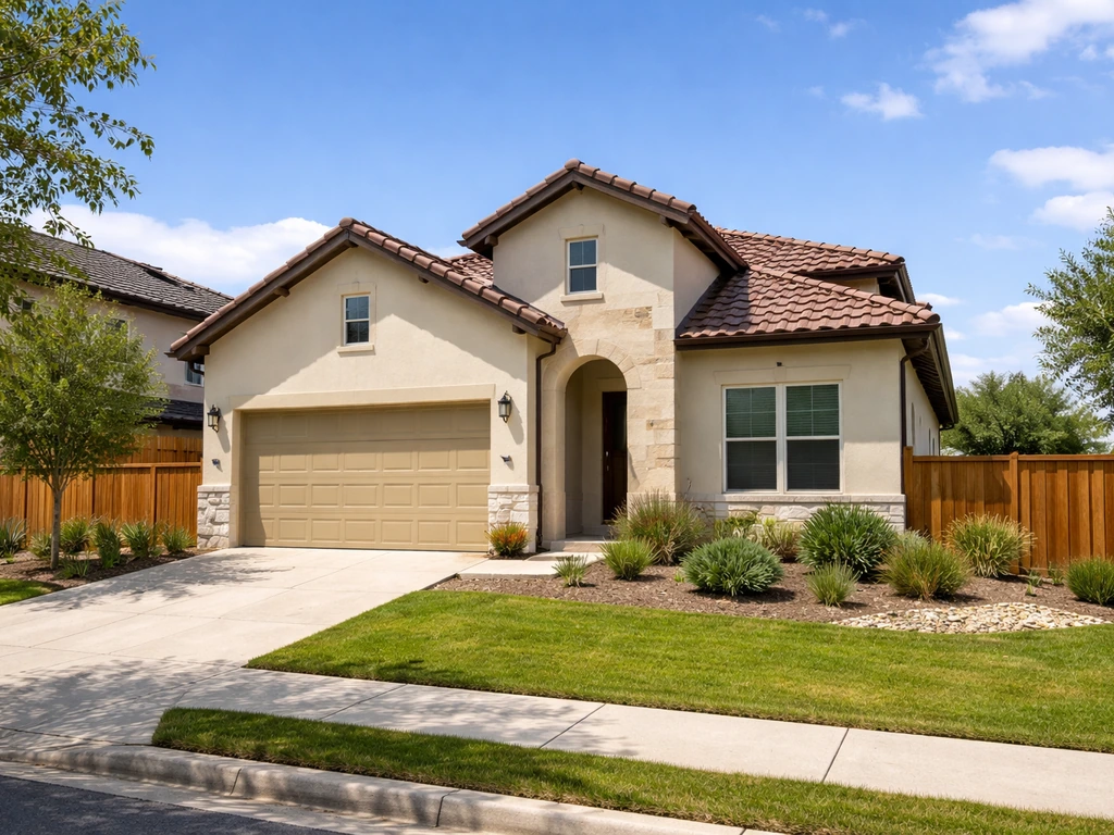 Exterior of a modest Texas patio home with small front setback and attached two-car garage.