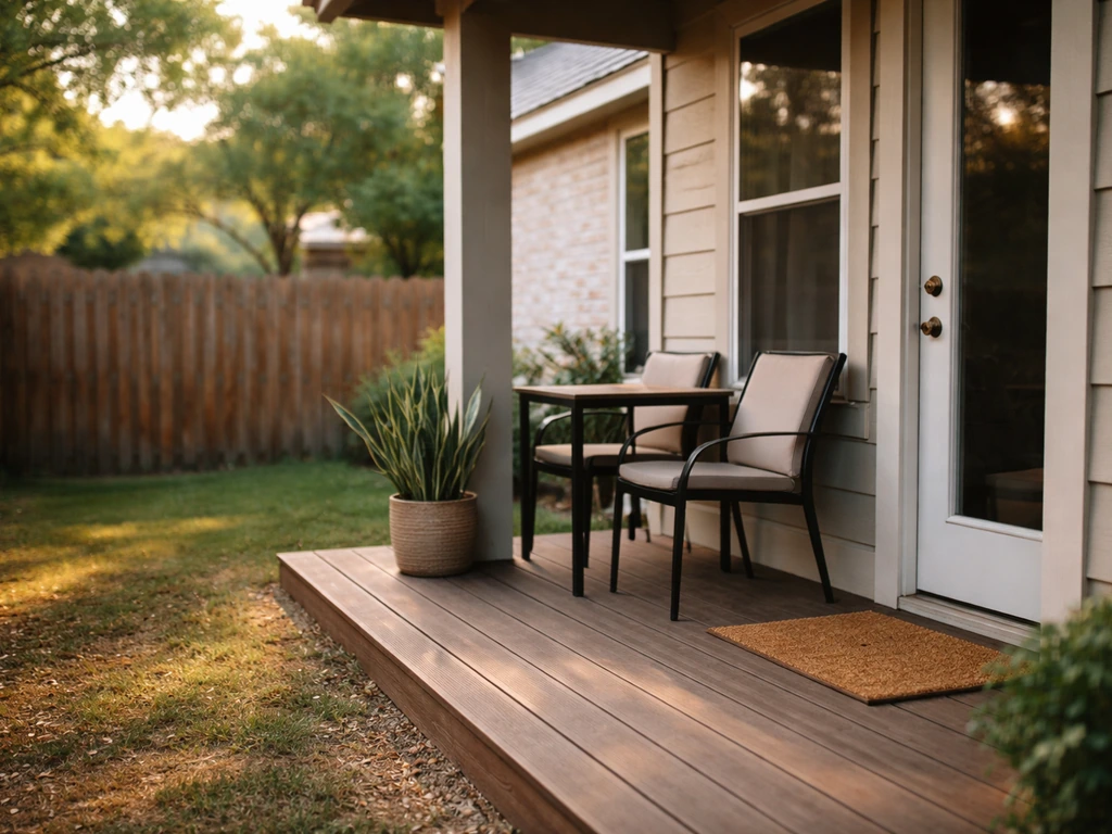 Private backyard patio with chairs and potted plants beside a home, suggesting “patio” as a personal outdoor space.