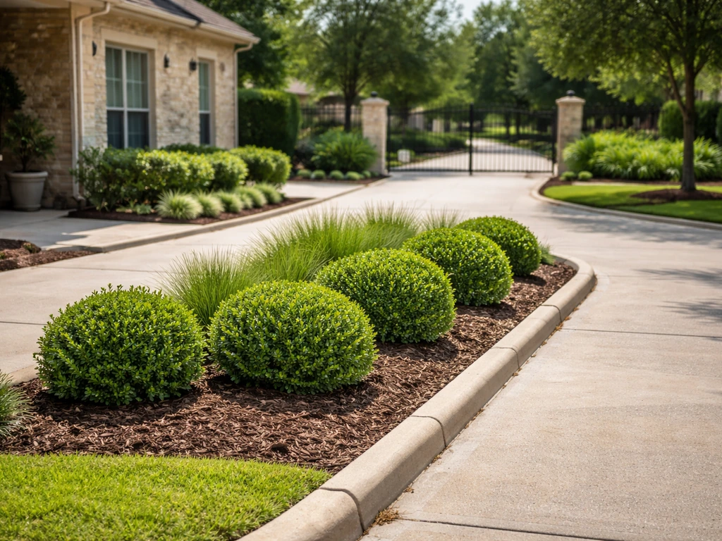 Texas patio home driveway beside a well-kept HOA landscaping area with a neighborhood gate entrance.