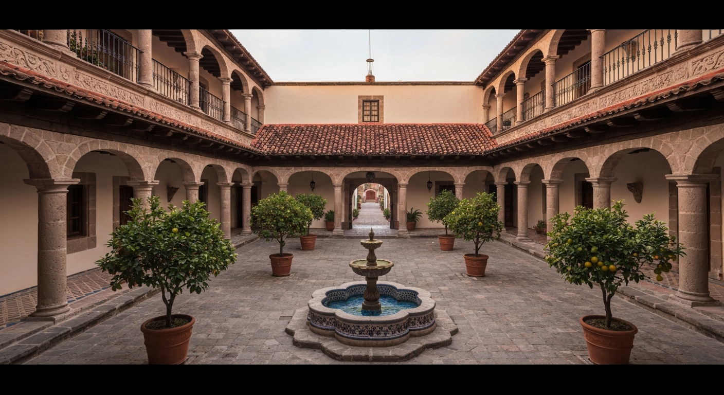 Photorealistic colonial Mexican patio central with cantera arcades, Talavera-tiled fountain, potted citrus trees, and zaguán entrance in warm late-afternoon light.