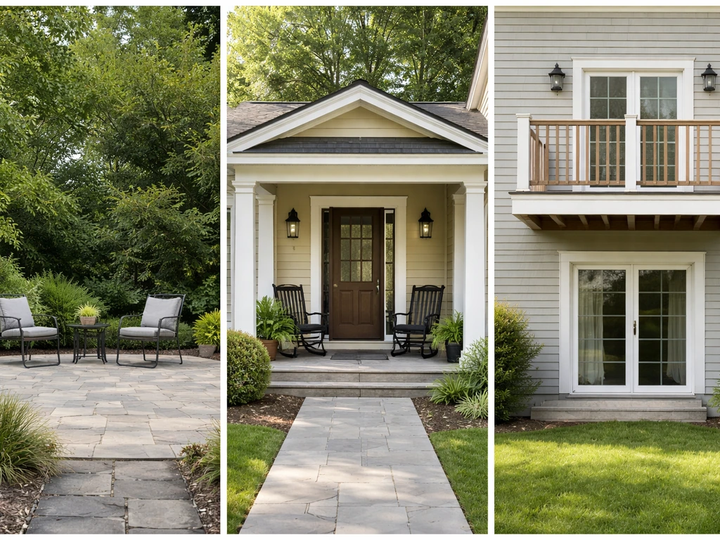 Minimal photo split: patio with paving, porch with roof, elevated balcony on a facade