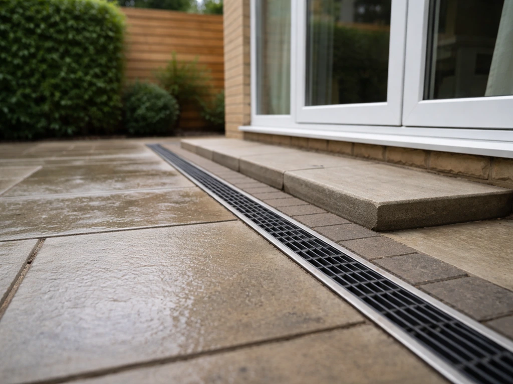 Close-up van een patio met bestrating en afwatering bij de woning, klaar voor bezichtiging.