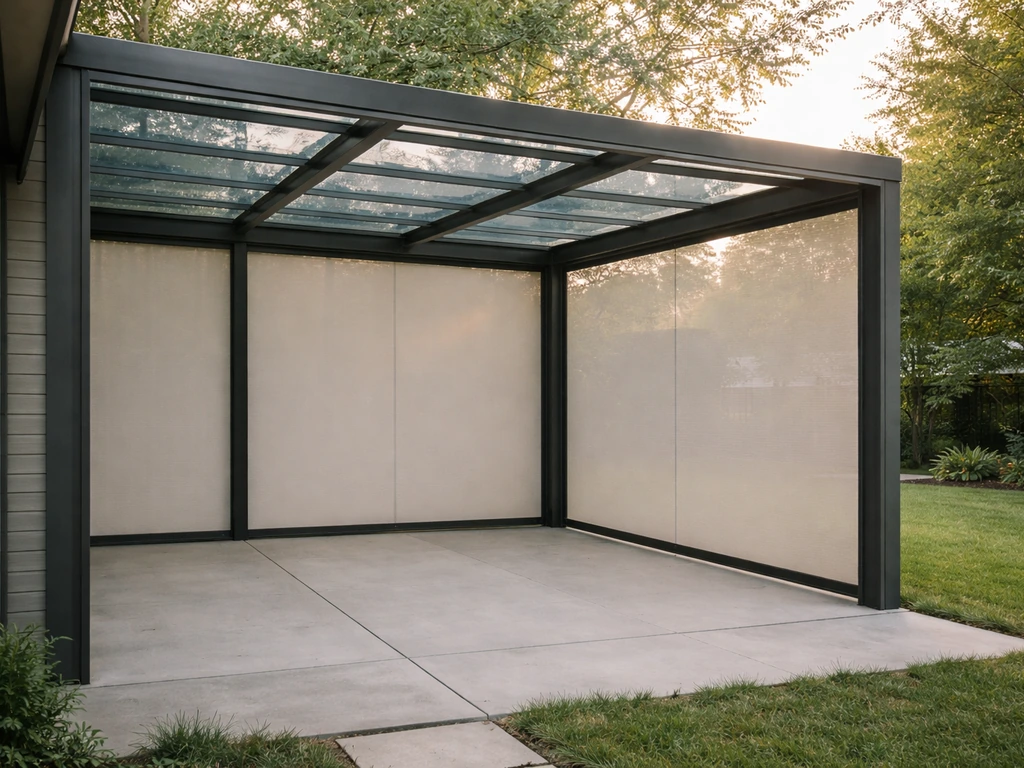 Minimal view of a framed patio enclosure with screen panels and a roofline over a concrete patio.
