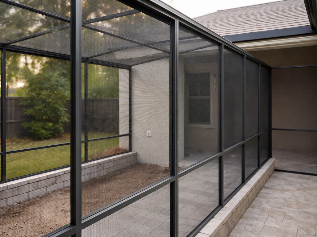Aluminum frame and mesh panels of a screen enclosure extending up from a patio to the roof.