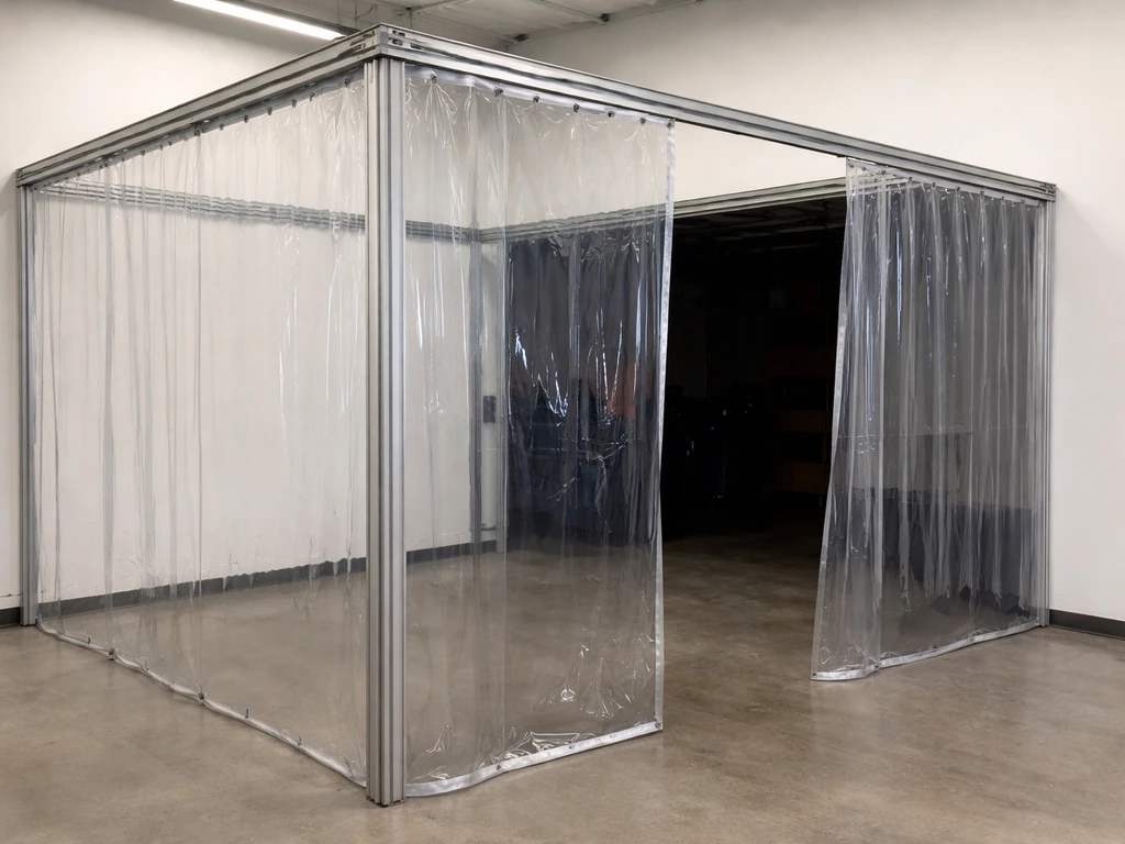 Clear vinyl-panel enclosure with sliding tinted panels partially open along the perimeter.